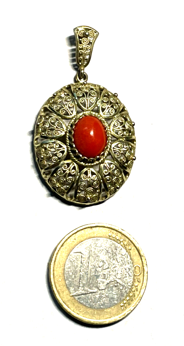 Antik edler 800 Silber Jugendstil  Filigransilber Anhänger + Koralle Handarbeit6