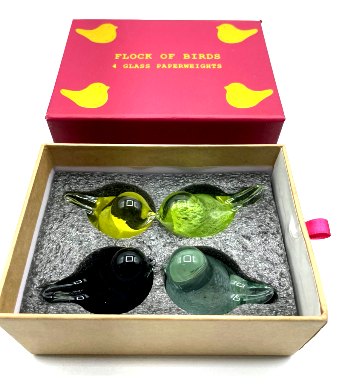 Schwarm Vögel 4 farbige Glas Paperweight Vogel Form orig. Geschenkbox unbenutzt2