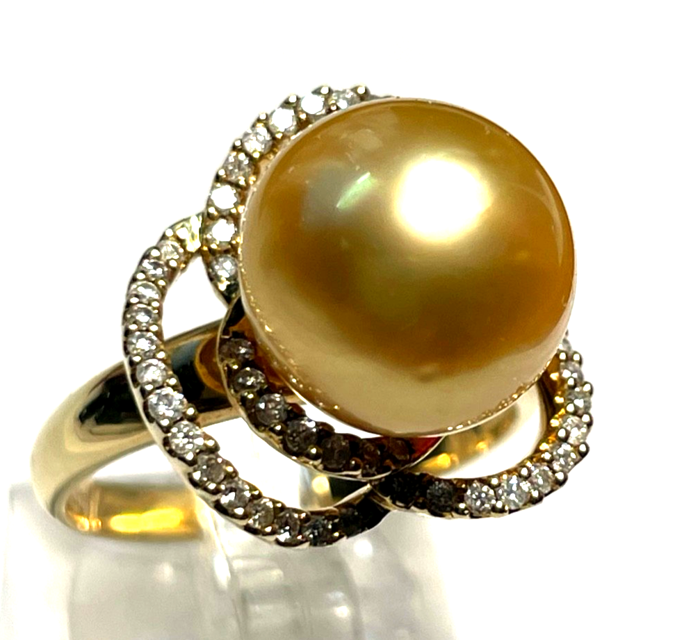 Elegant 585 Gold 14 K Ring Tahiti Perle Ø 12mm 40 Pavé Diamanten Ø 17,5mm RG 551