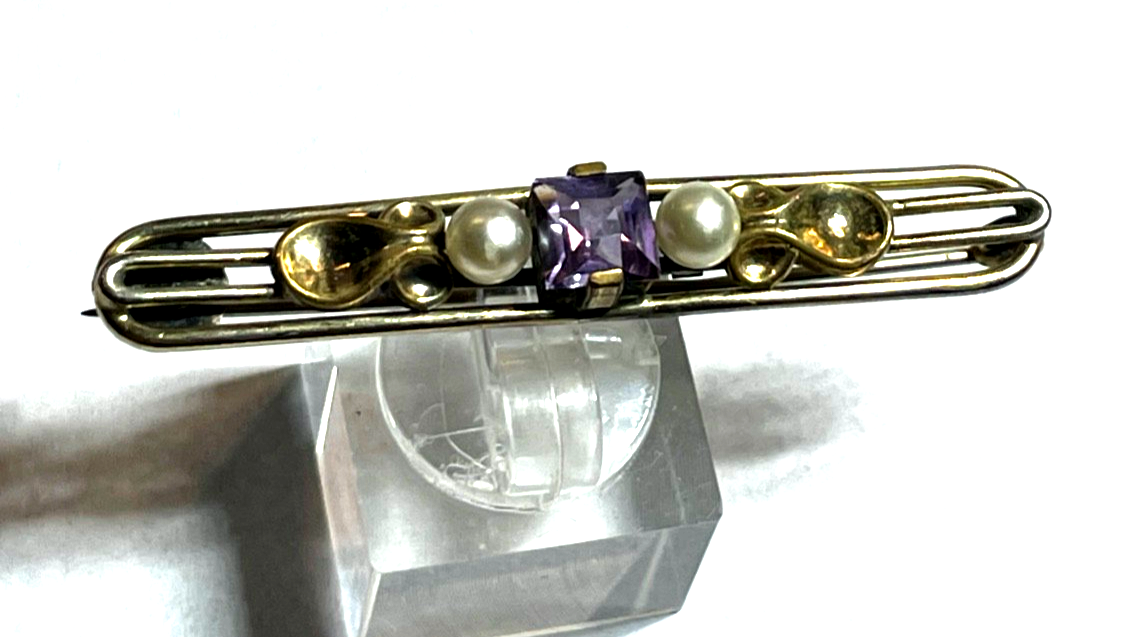 Antik Brosche Anstecknadel echt Amethyst 2 x echte Perle Amerikaner Golddouble0