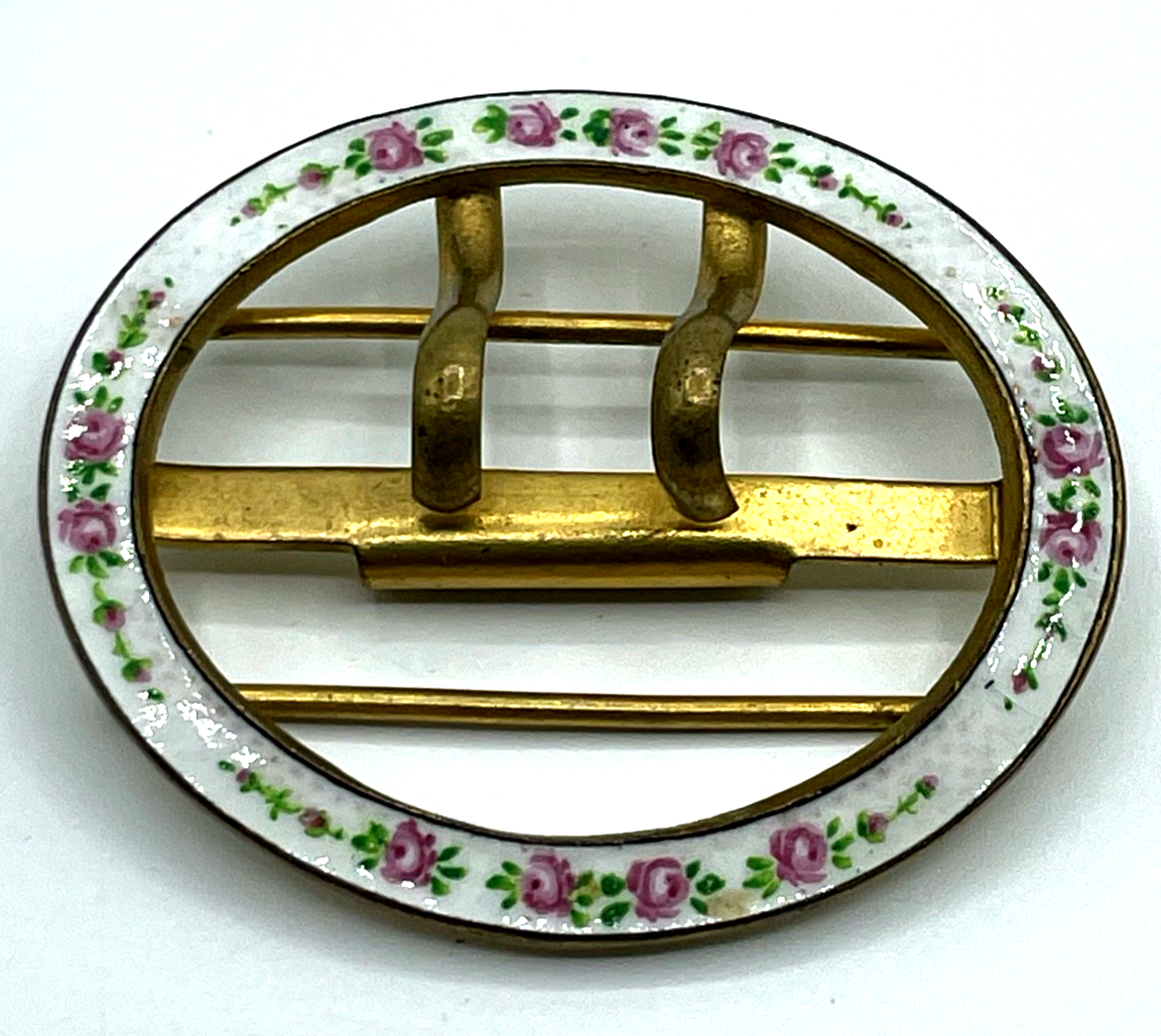 Antik Jugendstil ovale Gürtelschnalle Guilloche Rosen Emaille feuervergoldet3