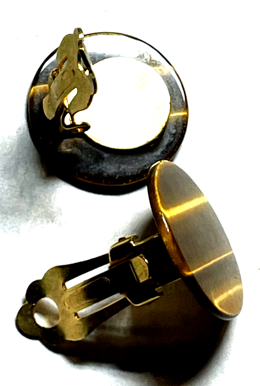 Paar elegante vergoldete Ohrclips Clips mit Tigerauge Ø  20mm sehr gepflegt4