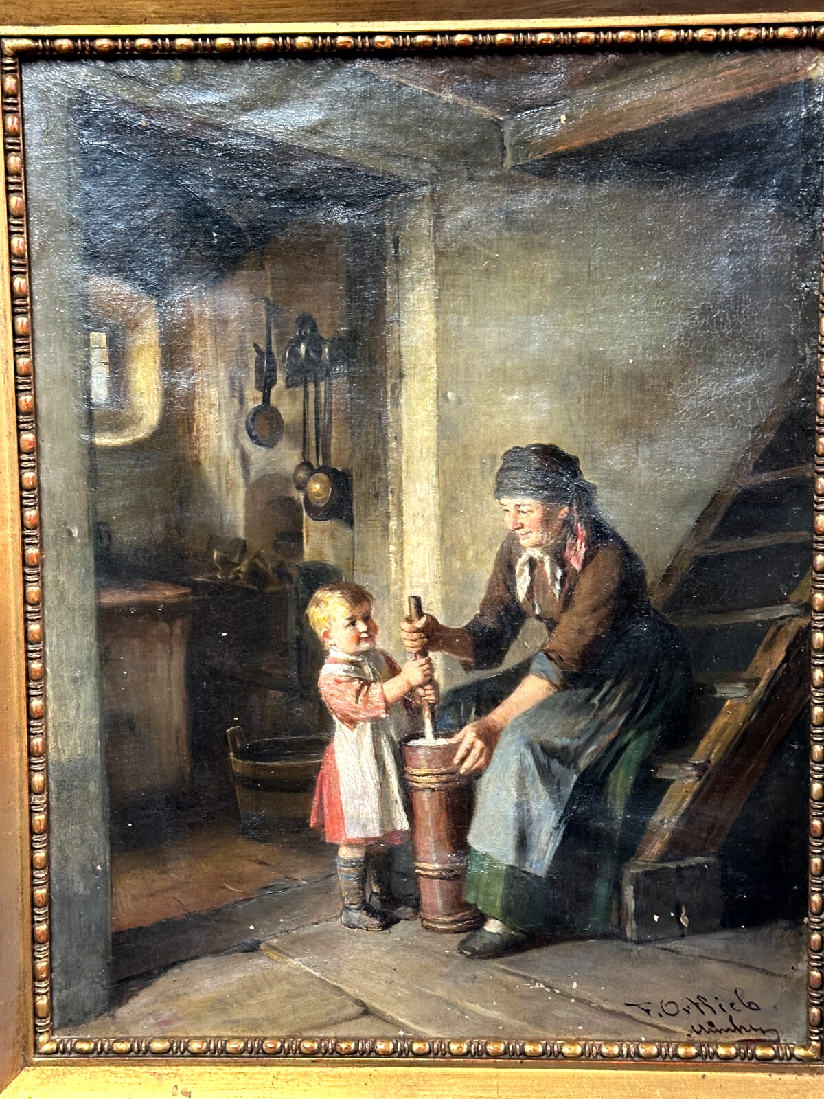Friedrich Ortlieb 1839-1909 - 'Beim Butterstampfen' - Genremalerei - Öl auf Lw.1