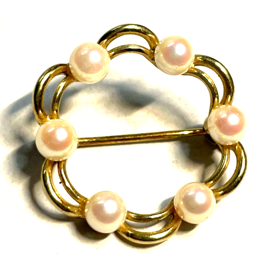 333 Gold 8 K Gelbgold runde klassische Brosche Anstecknadel mit 6 x Akoya Perle1