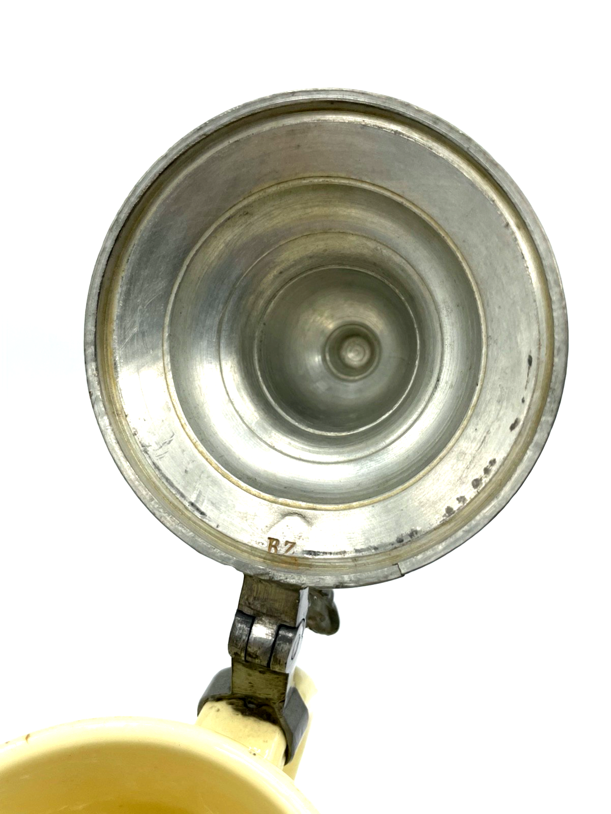 Antik Porzellan Bierkrug mit Zinn Deckel Bier Seidel um 1900 Gruß aus Haiterbach4