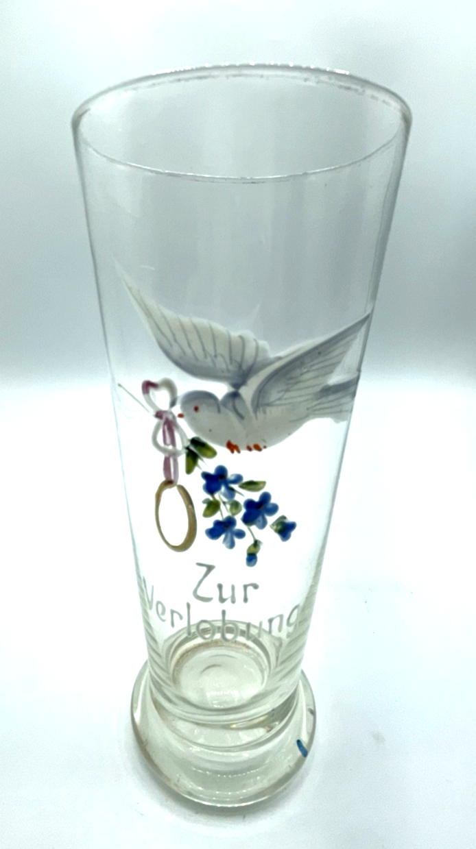 Antik Jugendstil Glas ZUR VERLOBUNG Handmalerei Taube Vergissmeinnicht Ring5