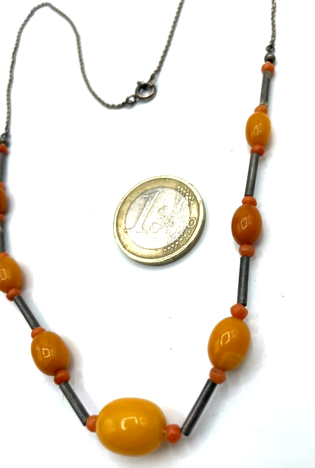 Antik 935 Silberkette Butterscotch Bernstein Oliven Koralle Mix Art Déco gepfl.7