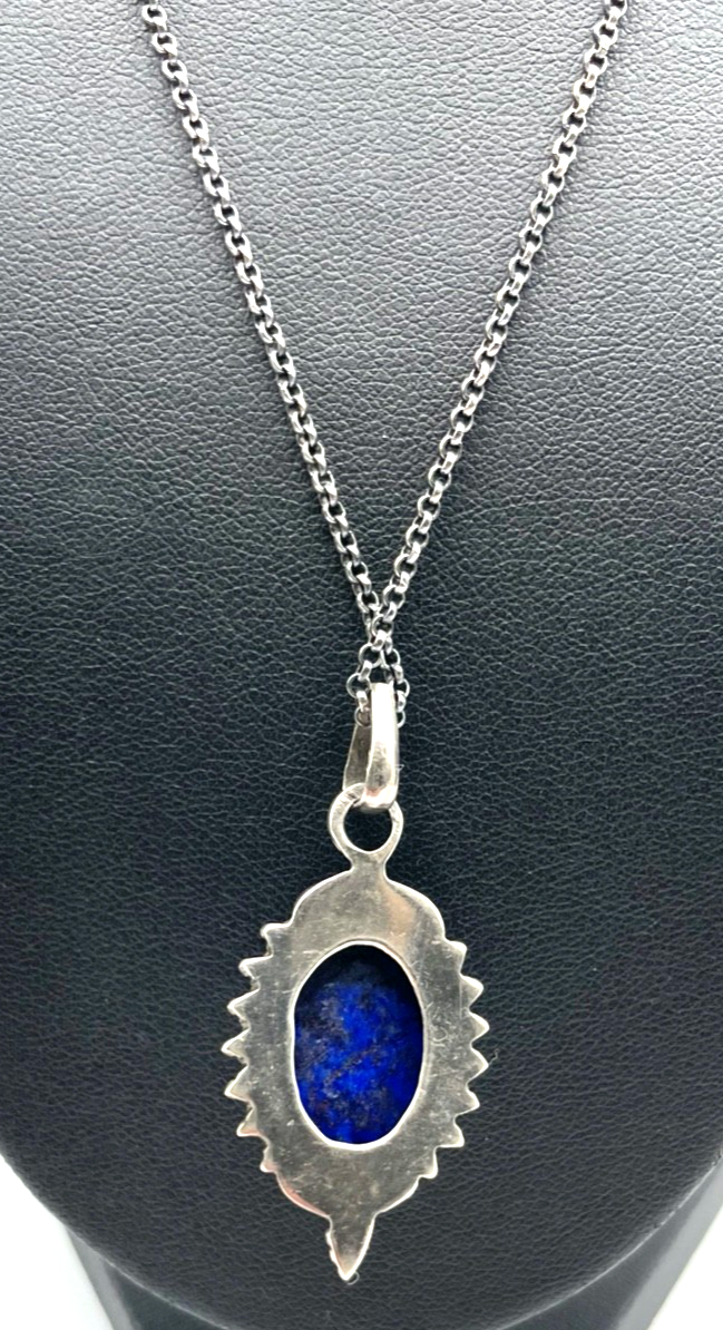 Vintage 835 Silber Anhänger Lapislazuli Cabochon Amulett an Silber Erbskette2