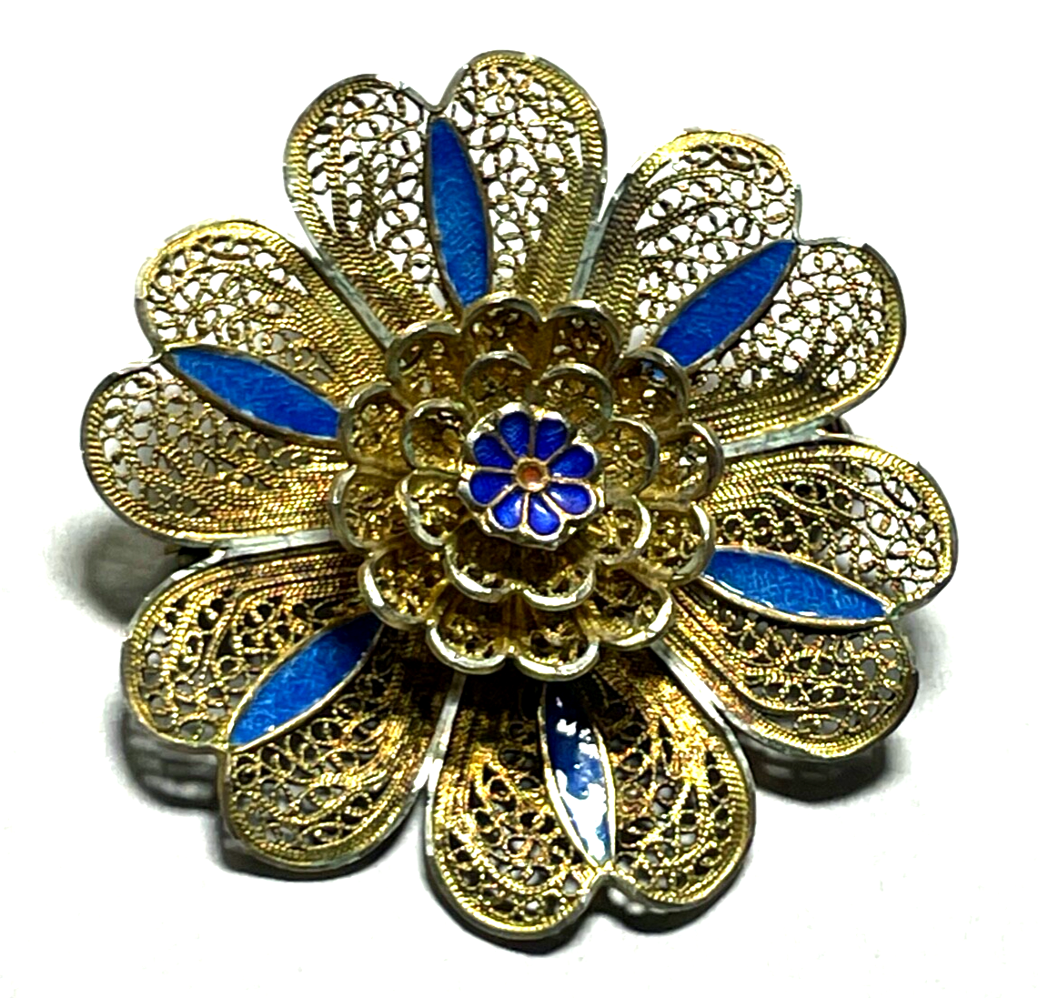 Antik 800 Silber vergoldet Etagen Brosche Blume filigran teils emailliert gepfl.1
