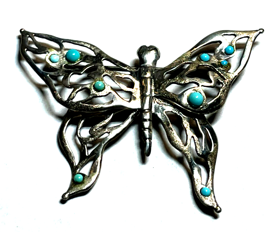 Gr. 925 Sterling Silber Schmetterling Brosche Anhänger mit 9 Türkisen Handarbeit4