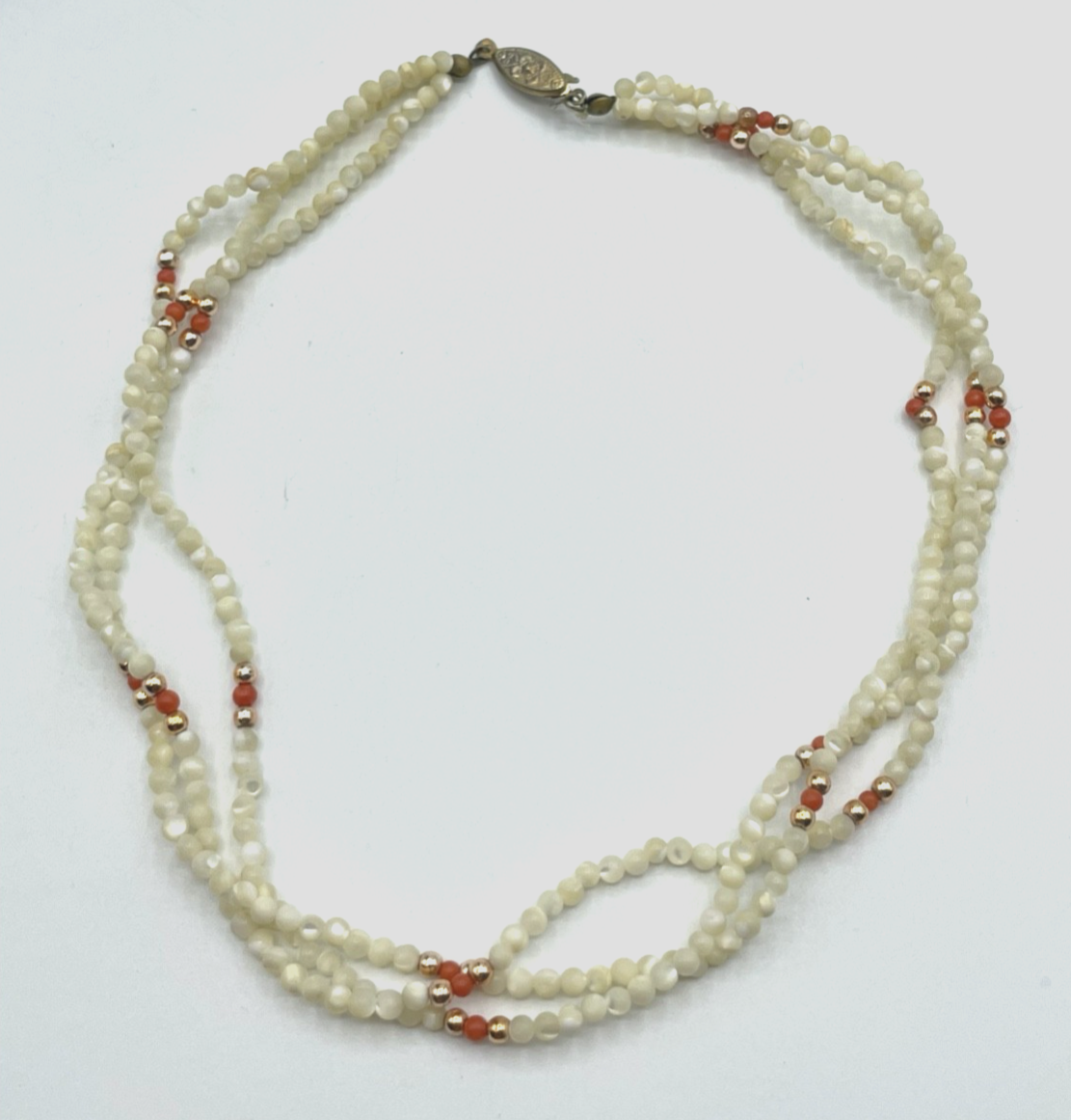 Vintage Collier Perlmutt + Koralle 3 reihige Halskette 50erJ l 38,5 cm B 10 mm3