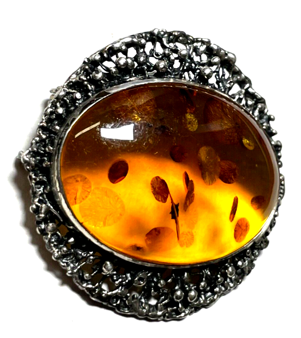 925 Silber Brosche Designer Anstecknadel / Anhänger Bernstein Cabochon Inklusen11