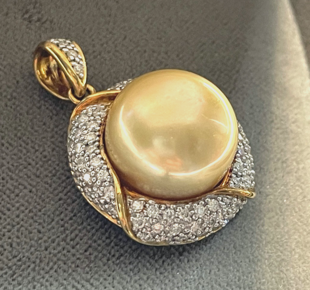 Elegant stattlicher 750 Gold 18 K Tahiti Perle Anhänger Ø 14 mm + Pavé Diamanten0