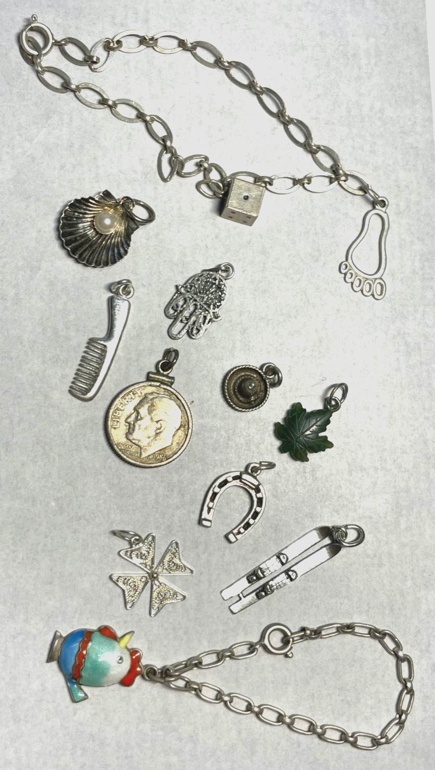 12 verschiedene Anhänger für Bettelarmband alle aus Silber + Armband 19,5 cm3