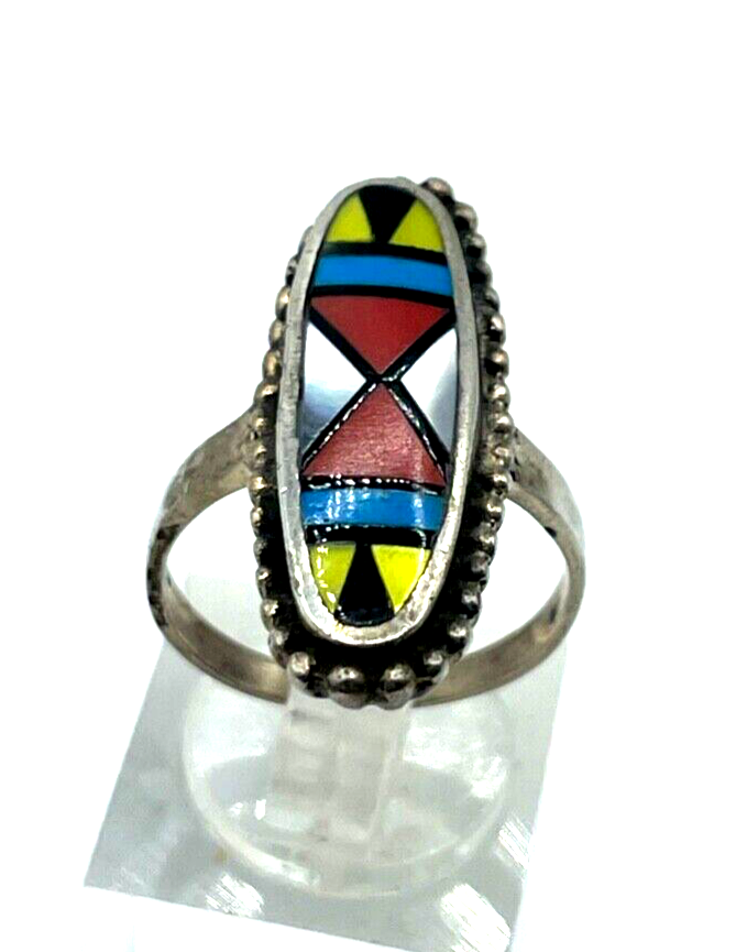 925 Sterling Silber Ring Zuni Indianerschmuck Edelstein Inlay Handarbeit Ø 17mm1