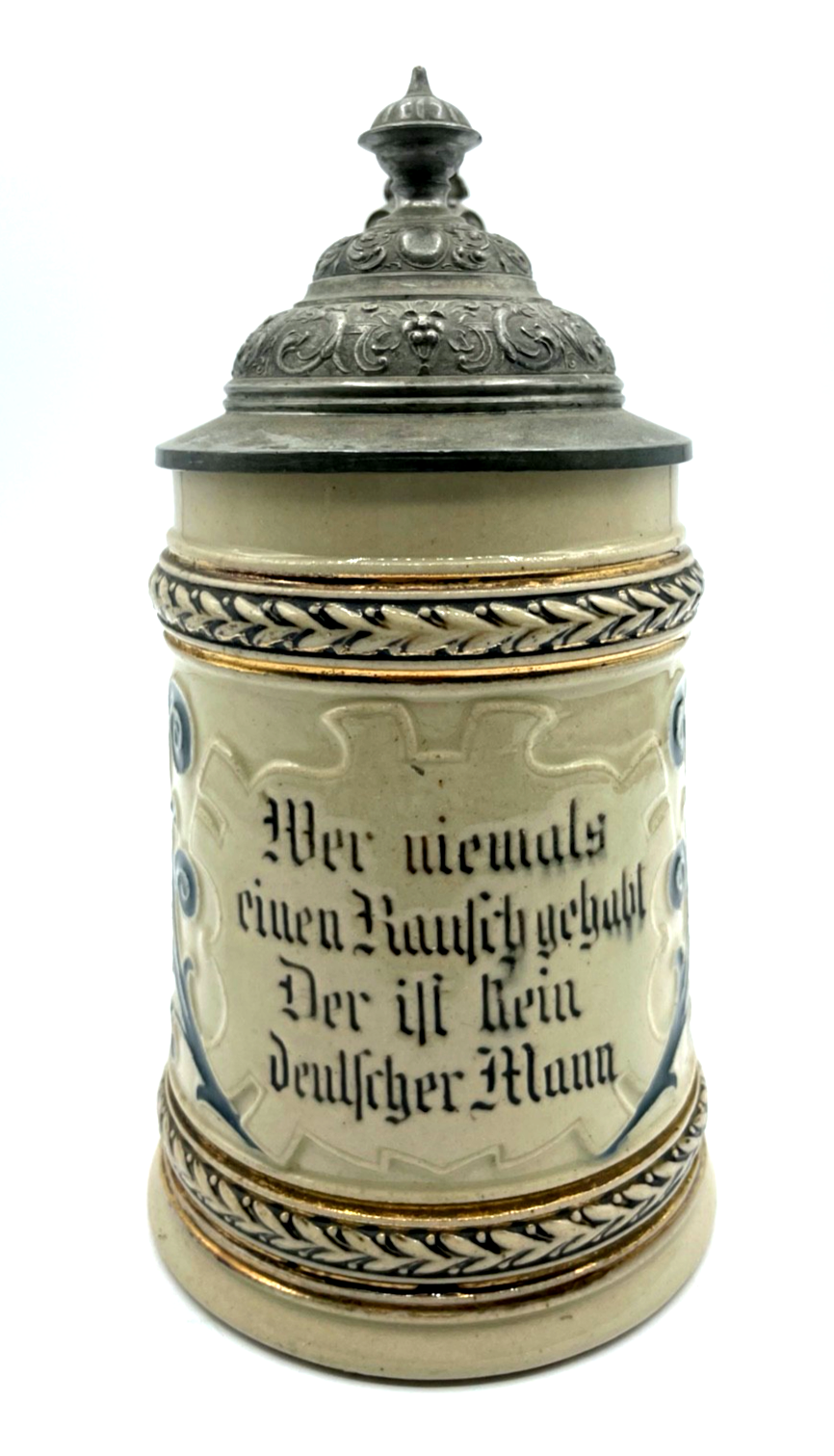 Antik Steinzeug Bierkrug mit Zinn Deckel Bier Seidel vor 1900 Trinkspruch 1/2 L0