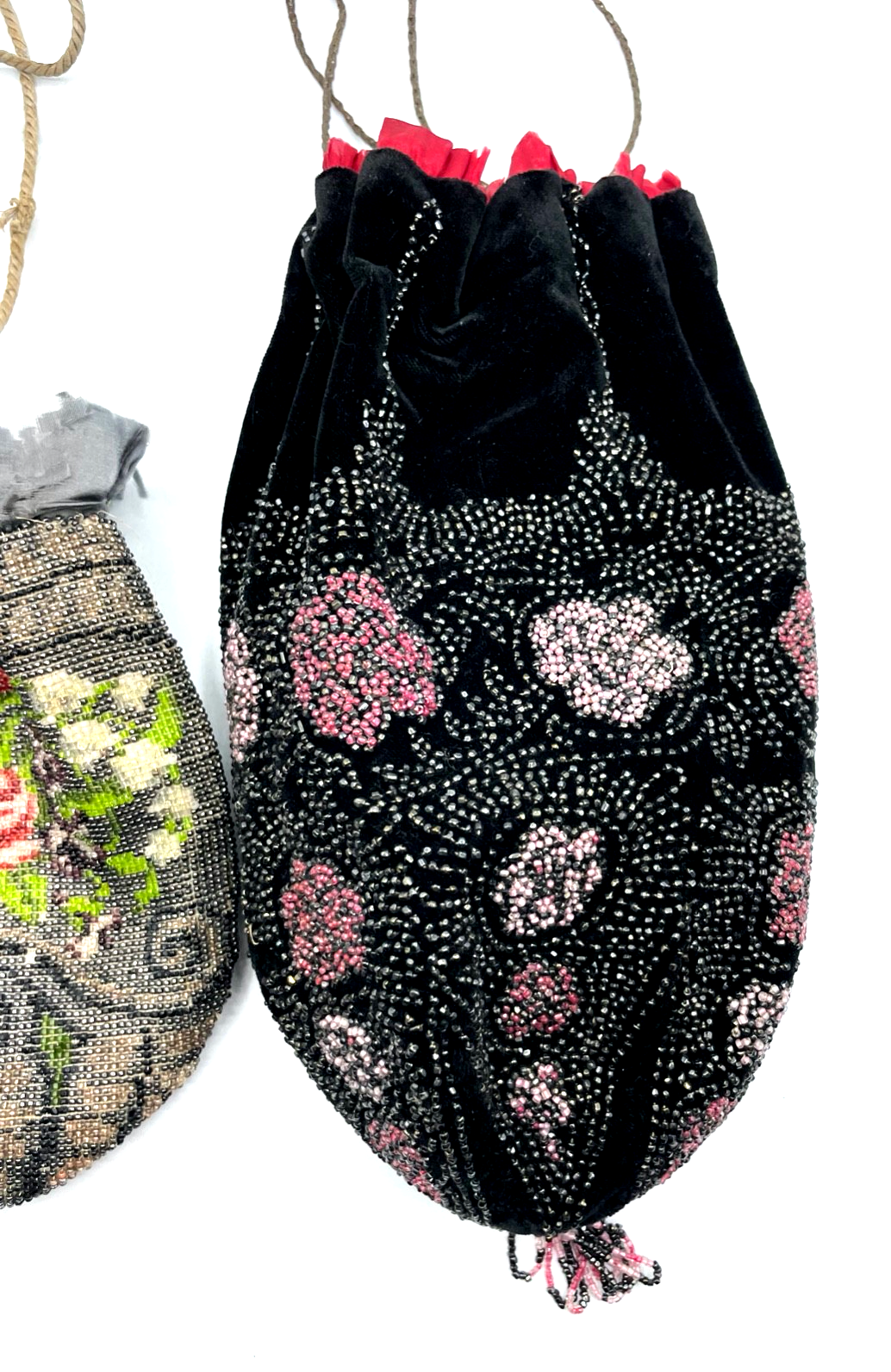 2 Antik Pompadour Glasperlen Tasche Perlenbeutel Handarbeit Perlentasche um 19002