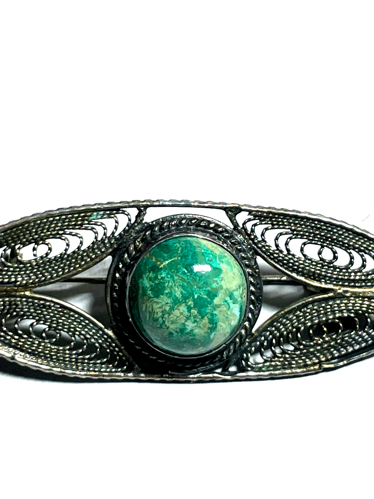 Vintage filigrane 930 Silber Brosche mit rundem Eilat Cabochon Handarbeit1