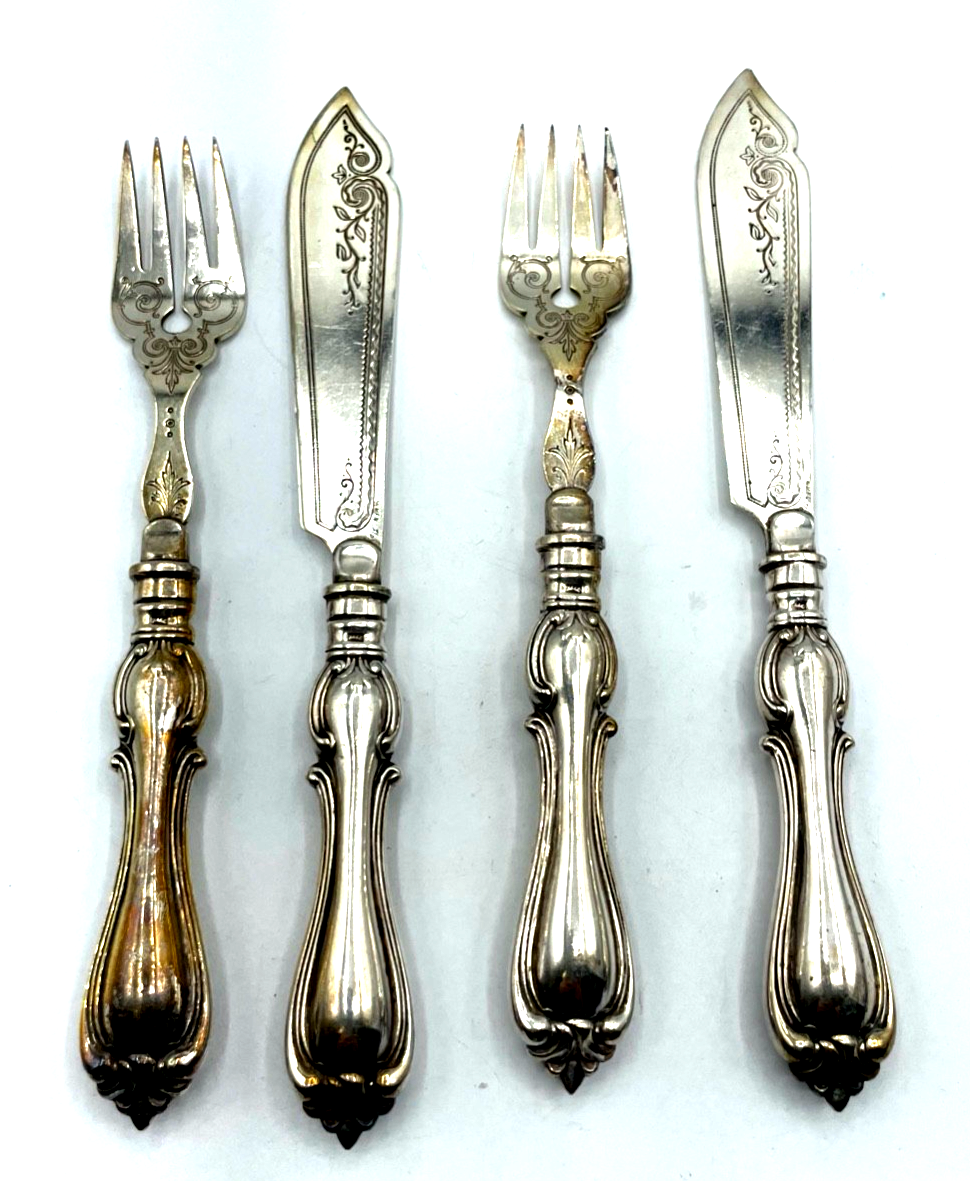 Antik WMF 2 Gabel + 2 Messer Fischbesteck wunderschönes Dekor um 1900 gepfl.0