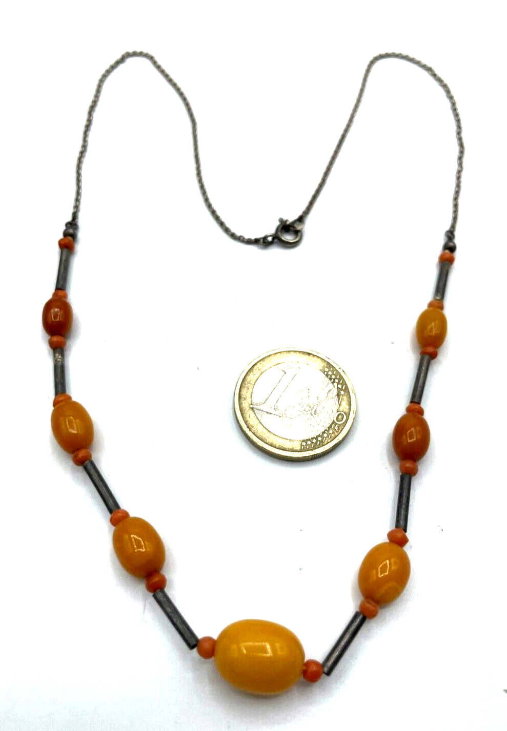 Antik 935 Silberkette Butterscotch Bernstein Oliven Koralle Mix Art Déco gepfl.6