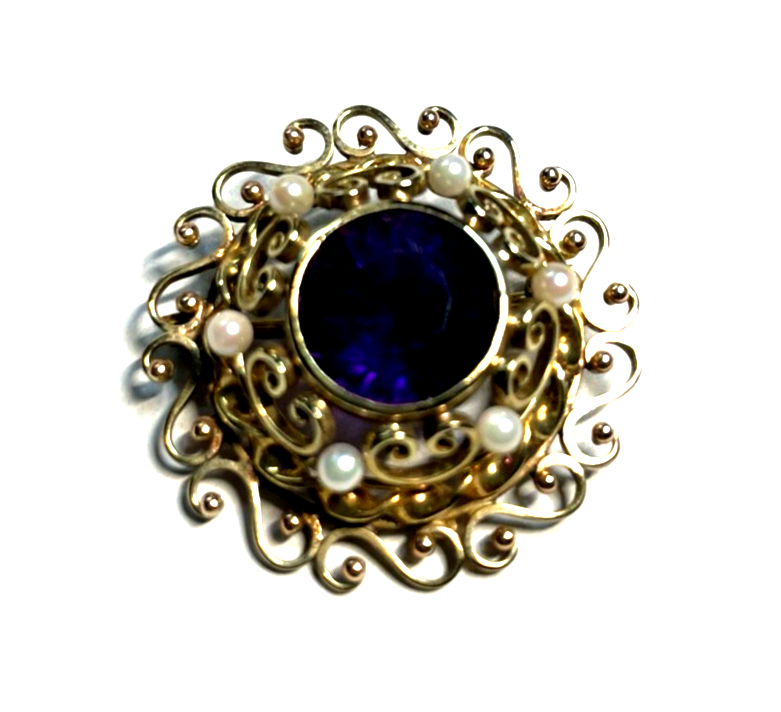Edle 585 Gold 14 K Brosche mit 1 Amethyst + 6 kleine Orientperlen Juwelier gepfl2
