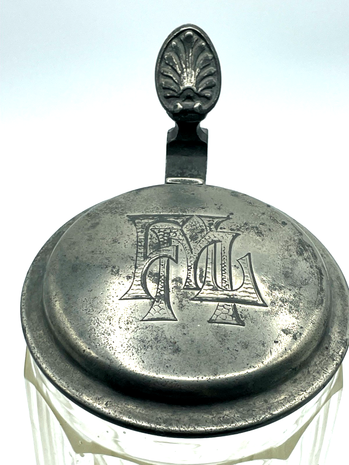 Antik dekorativ Pressglas Bierkrug 1 Liter mit Zinndeckel um 1900 Dachbodenfund9