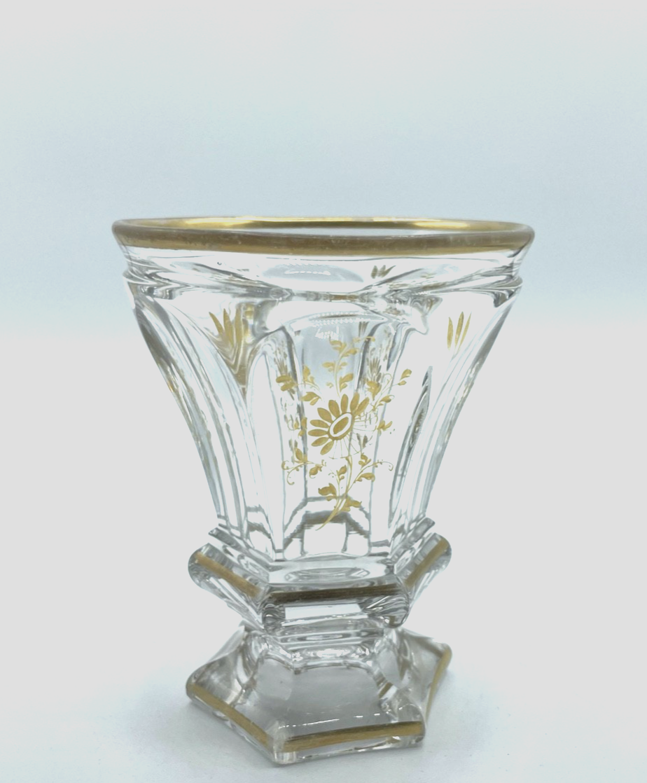 Antik Kristall Glas Ranftbecher Pokal floral Golddekor um 1900 gepflegt0