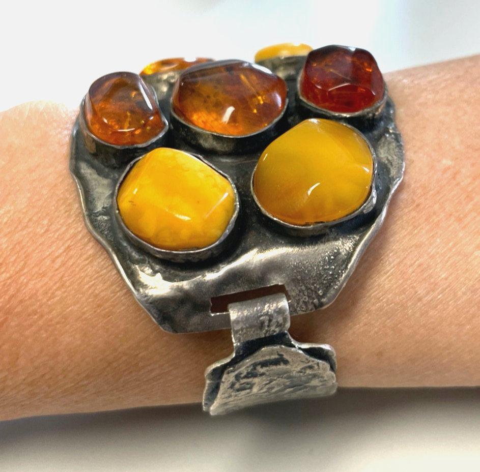 Mega Armreif 925 Silber Silberschmied Unikat diverse Bernstein Cabochons1