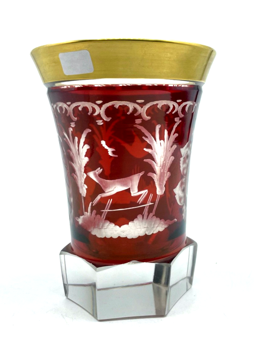 Antik Pokal Überfang Glas Becher Ranftbecher geätzte Motive + Gold Dekor gepfl.2