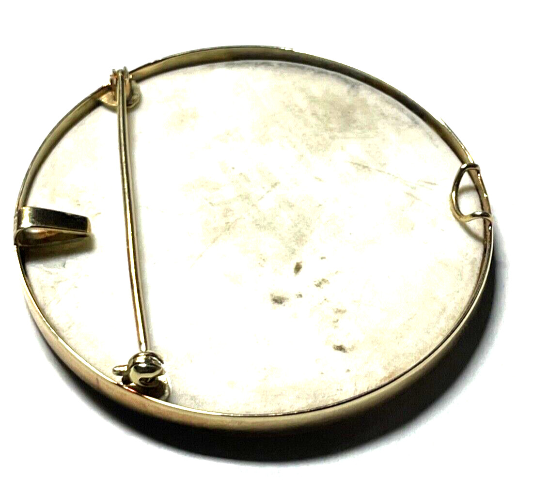 585 Gold 14 K Gelbgold gr. Anhänger / Brosche Porzellan Lupenmalerei  Ø 52 mm9