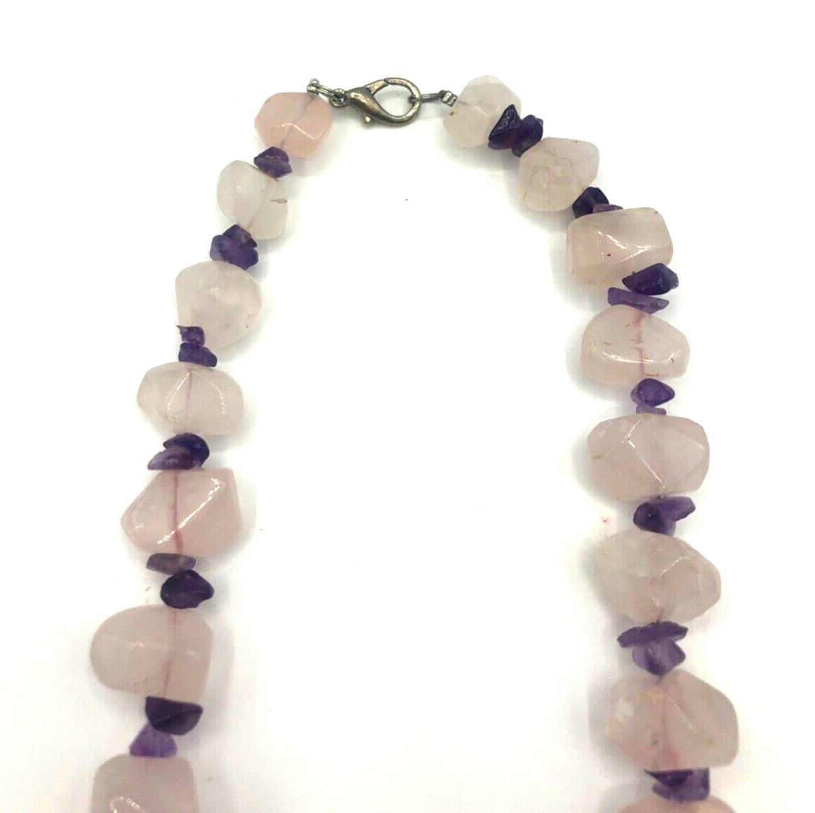 Vintage stattlich Rosenquarz Amethyst Edelstein Nuggets Kette Collier Handarbeit6