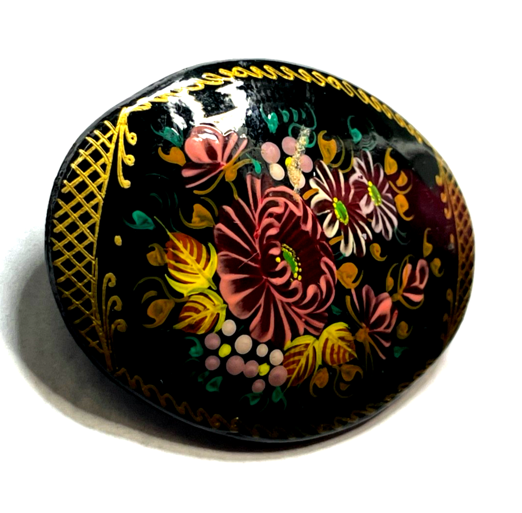 Antik Lack Brosche Blumen Bukett Motiv Handmalerei signiert 50 x 35 mm gepfl.2
