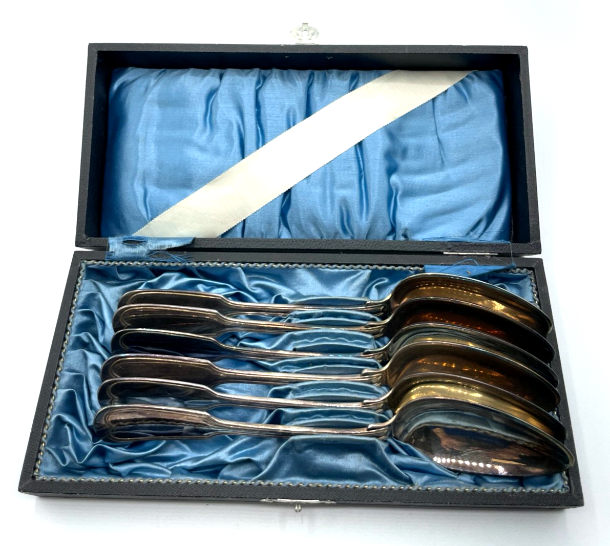 Antik 6 Löffel Esslöffel im original Etui Augsburger Faden GH 40 Silberauflage1
