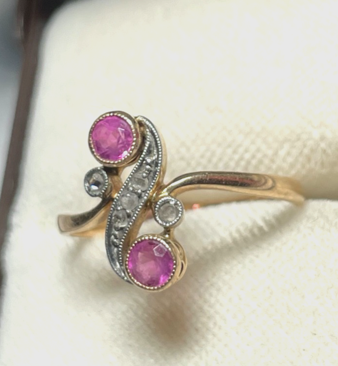 Aparter antik Roségold 585 Ring Rubin Diamant Rosen Ø 16,9 mm RG 53 Juwelier3