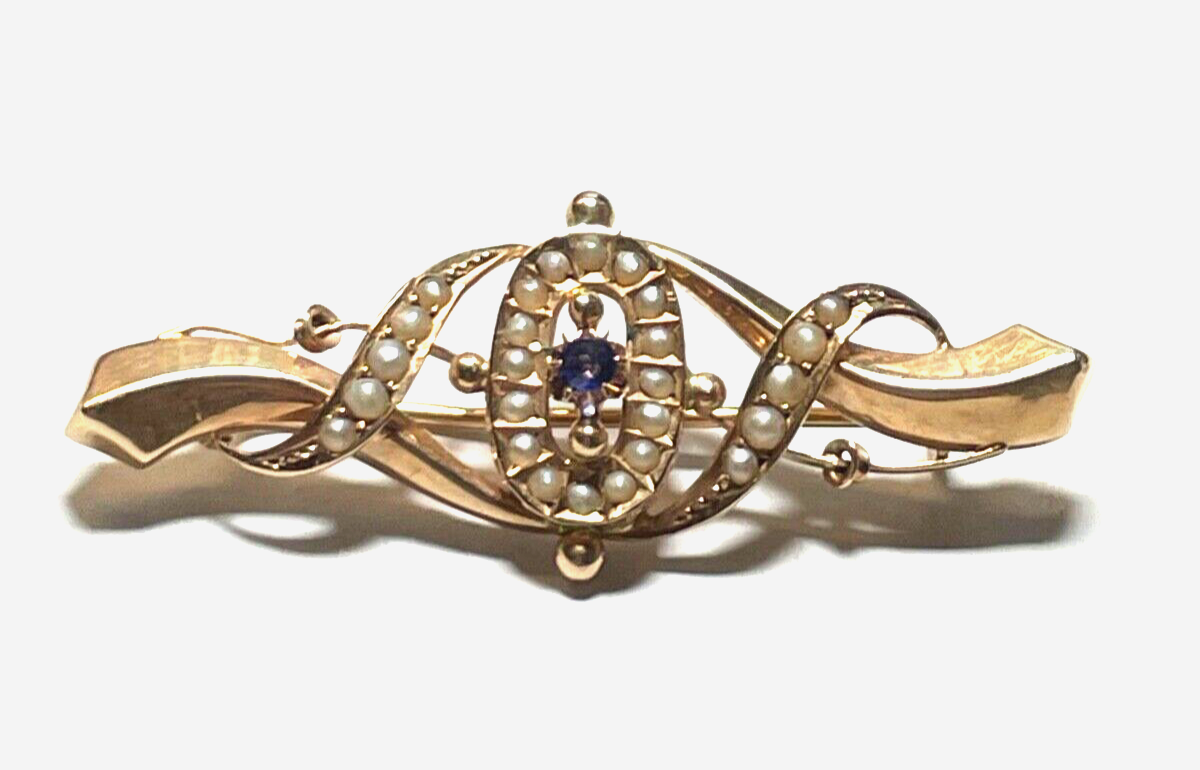 Antik edle 585 Gold 14 K Brosche Saphir Orientperlen Historismus Saatperlen7