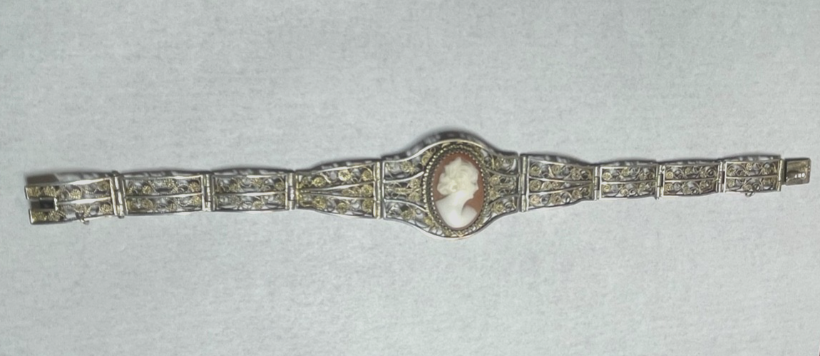 Antik 900 Silber FiligransilberArmband mit Muschel Gemme Cameo 20er J L 18 cm5
