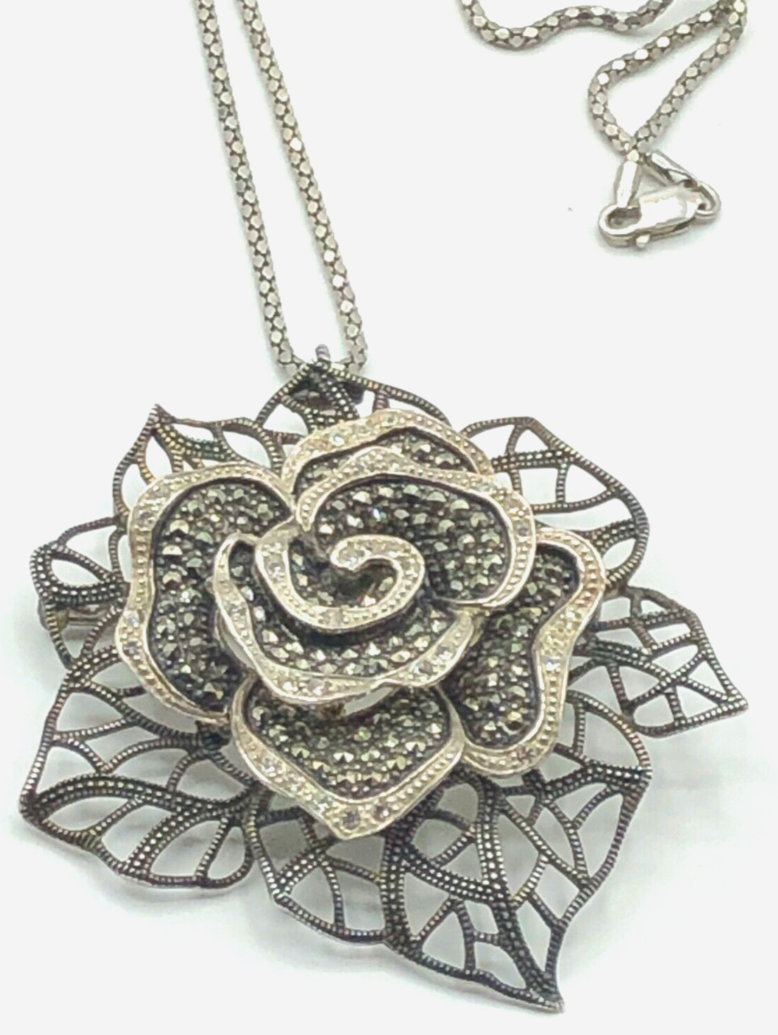 Mega TJM 925 Silber Anhänger Brosche Rose Markasiten Zirkonia + Kette Handarbeit8