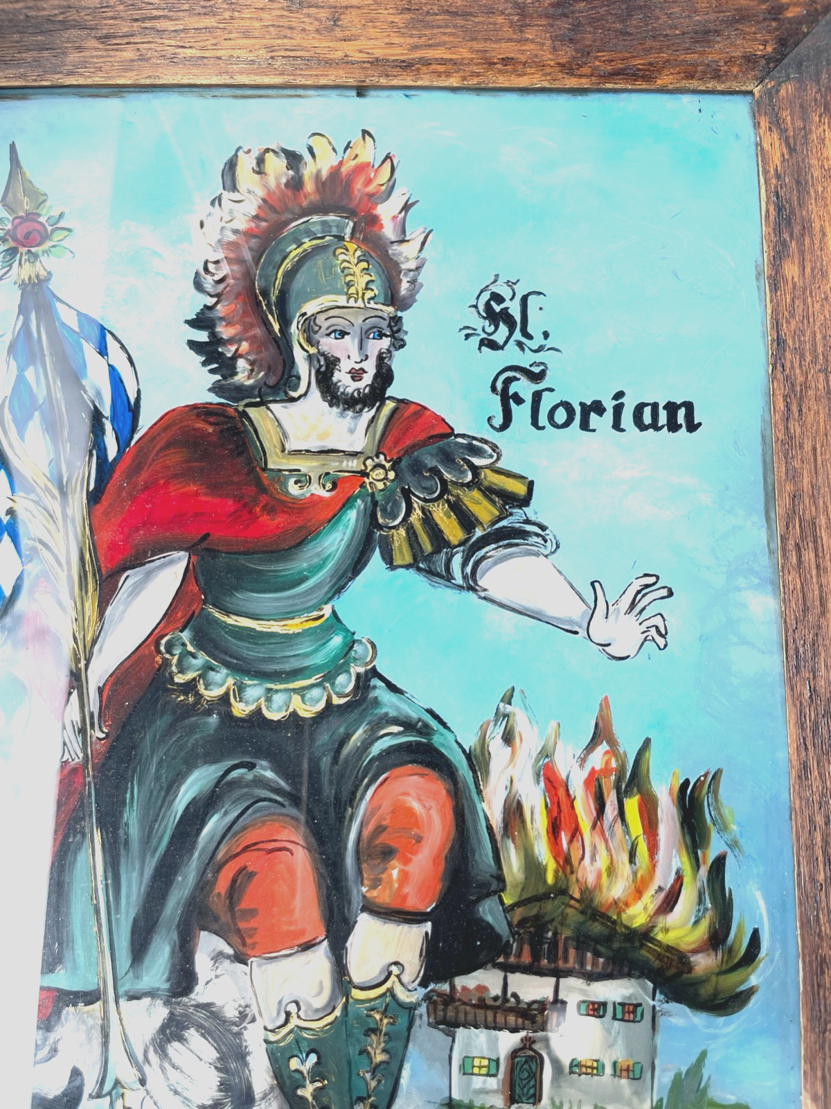 Große Hinterglasmalerei Hinterglasbild Schutzpatron Hl. Florian gerahmt H 36 cm5