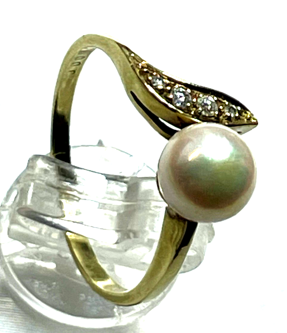 585 Gold 14 K Gelbgold Ring Südsee Perle Brillanten 0,06 ct Ø 18,5 mm RG 58 gepf12