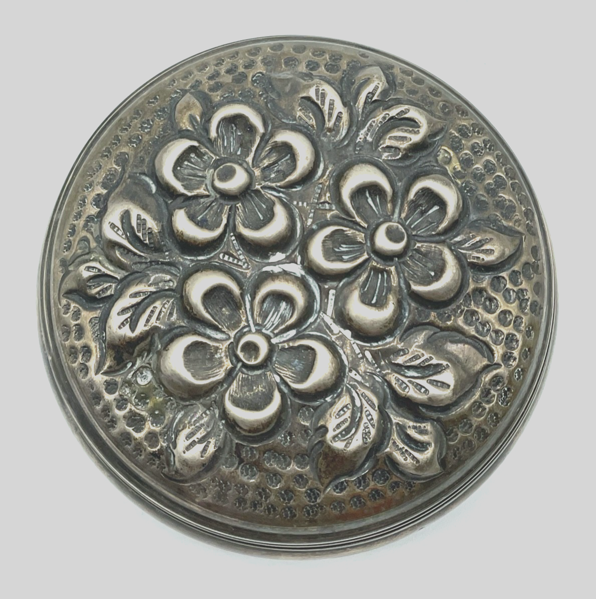 Antik 900 Silber Dose Deckeldose floral Dekor halbplastisch Ø ca. 75 mm 47,12 Gr9