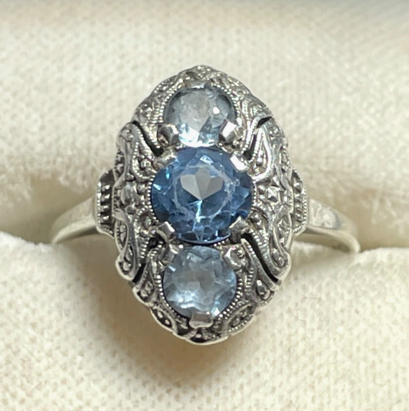Antik 835 Silber Ring aquamarin farbig wasserblau Spinell 30erJ RG 55 Ø 17,5 mm3