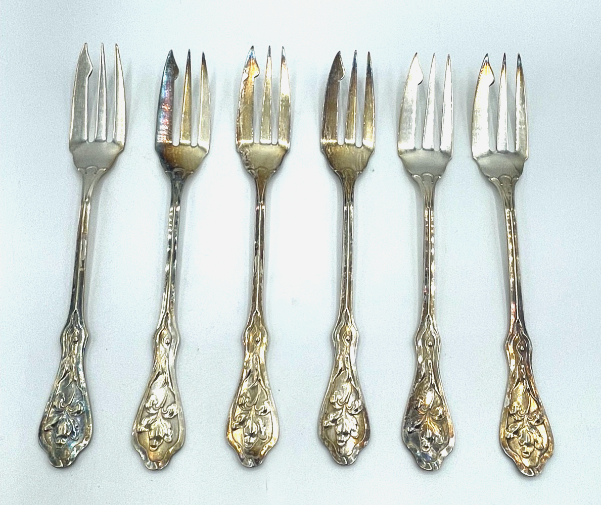 6 x Jugendstil WMF Gabel Kuchengabel Modell 27 Lilie Wasserlilie sehr gepflegt2