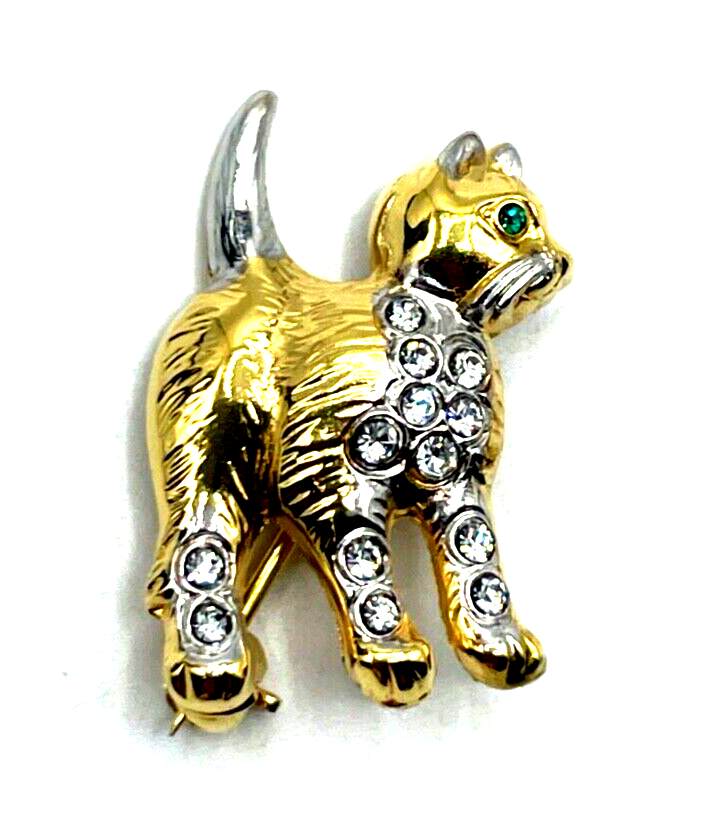 Vintage Brosche Anstecknadel kleine Katze vergoldet mit Strass Besatz wie neu2
