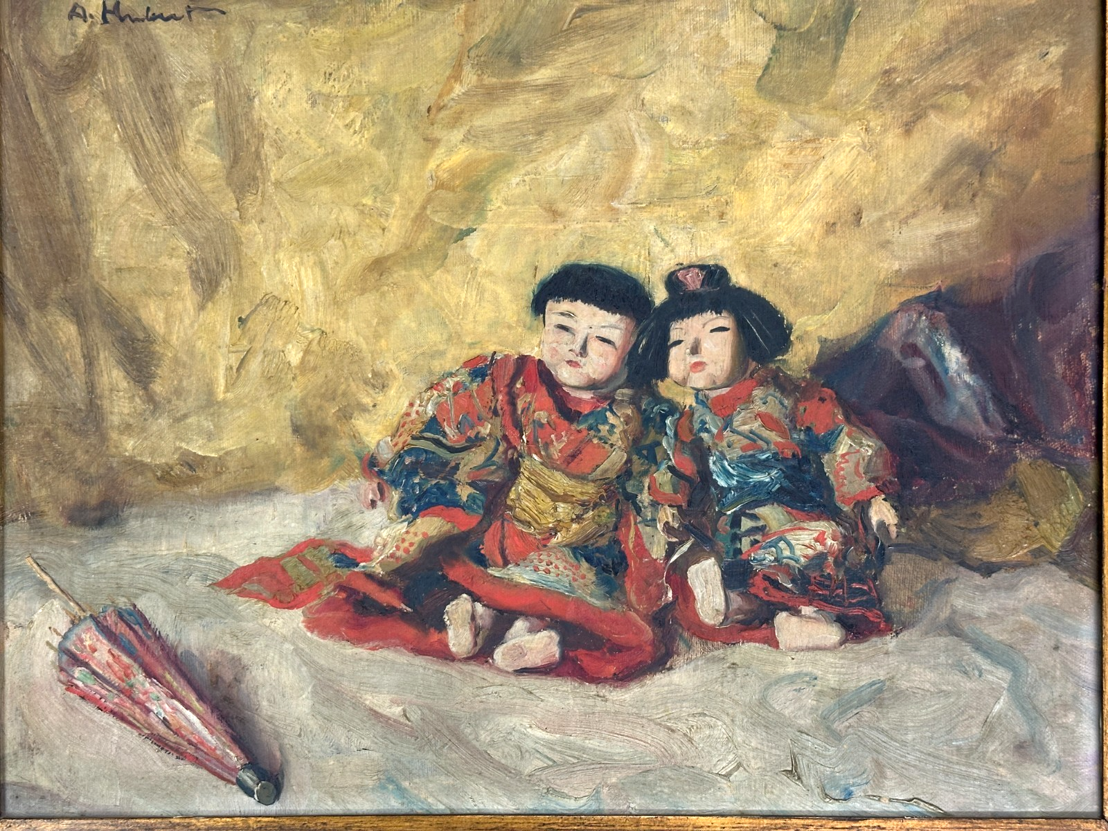 Albert Hubert (1878-?) – Japanische Puppen in Kimonos - Öl auf Masonit signiert1