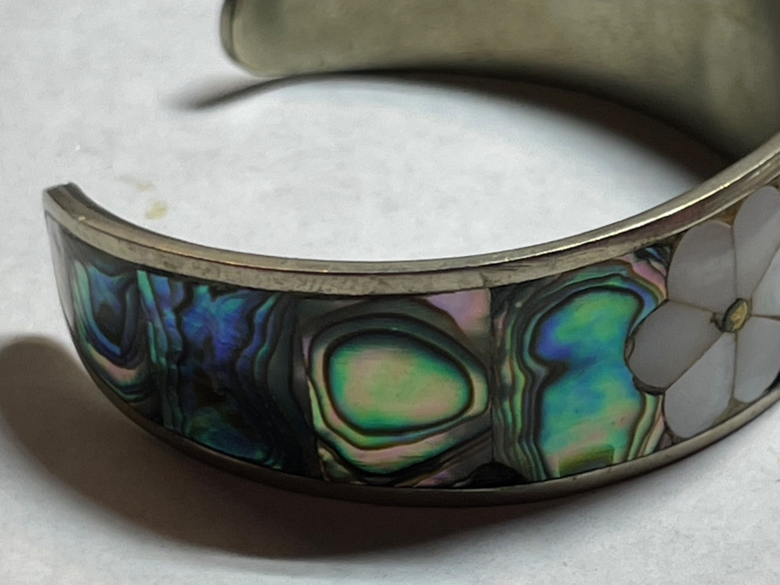 Vintage Armreif Armspange Mexiko Alpacca Abalone Paua Muschel Einlage Handarbeit9