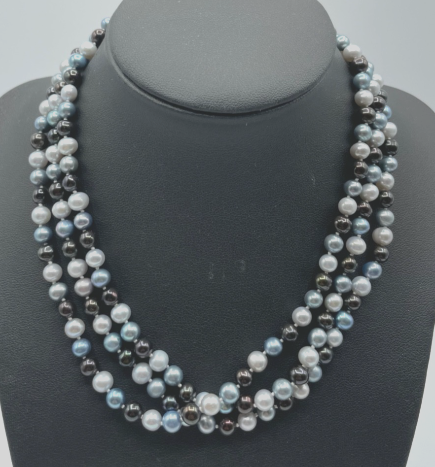 SWZ Perlen Perlenkette Endloskette 3 farbig grau silber schwarz  L 120 cm Ø 6 mm3