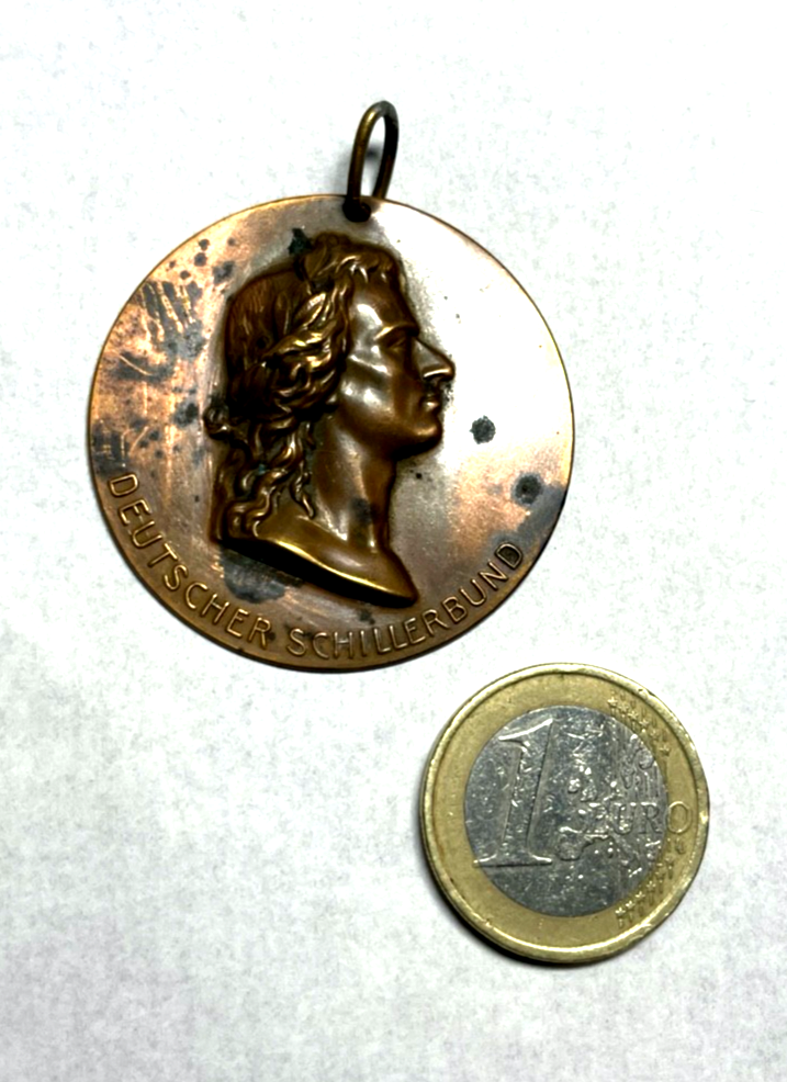 Antik Friedrich von Schiller Plakette Medaille Anhänger Kupfer Blech um 19055