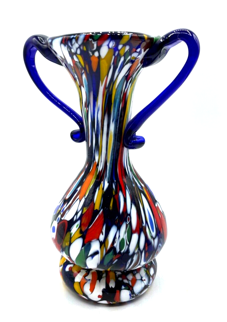 Midcentury Murano Glas Vase Millefiori Henkelvase Franco Moretti H 20,5 cm0