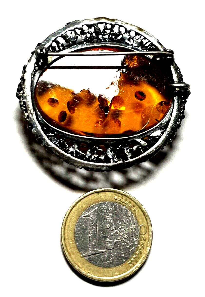 925 Silber Brosche Designer Anstecknadel / Anhänger Bernstein Cabochon Inklusen7