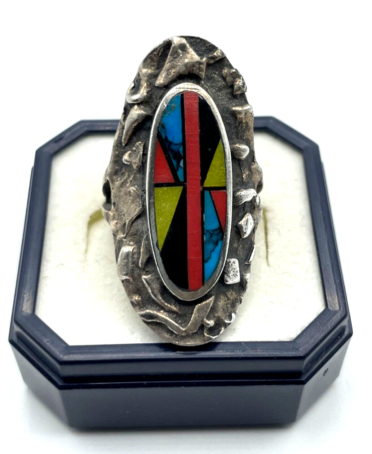925 Sterling Silber Ring Zuni Indianerschmuck Edelstein Inlay Handarbeit Ø 16mm0